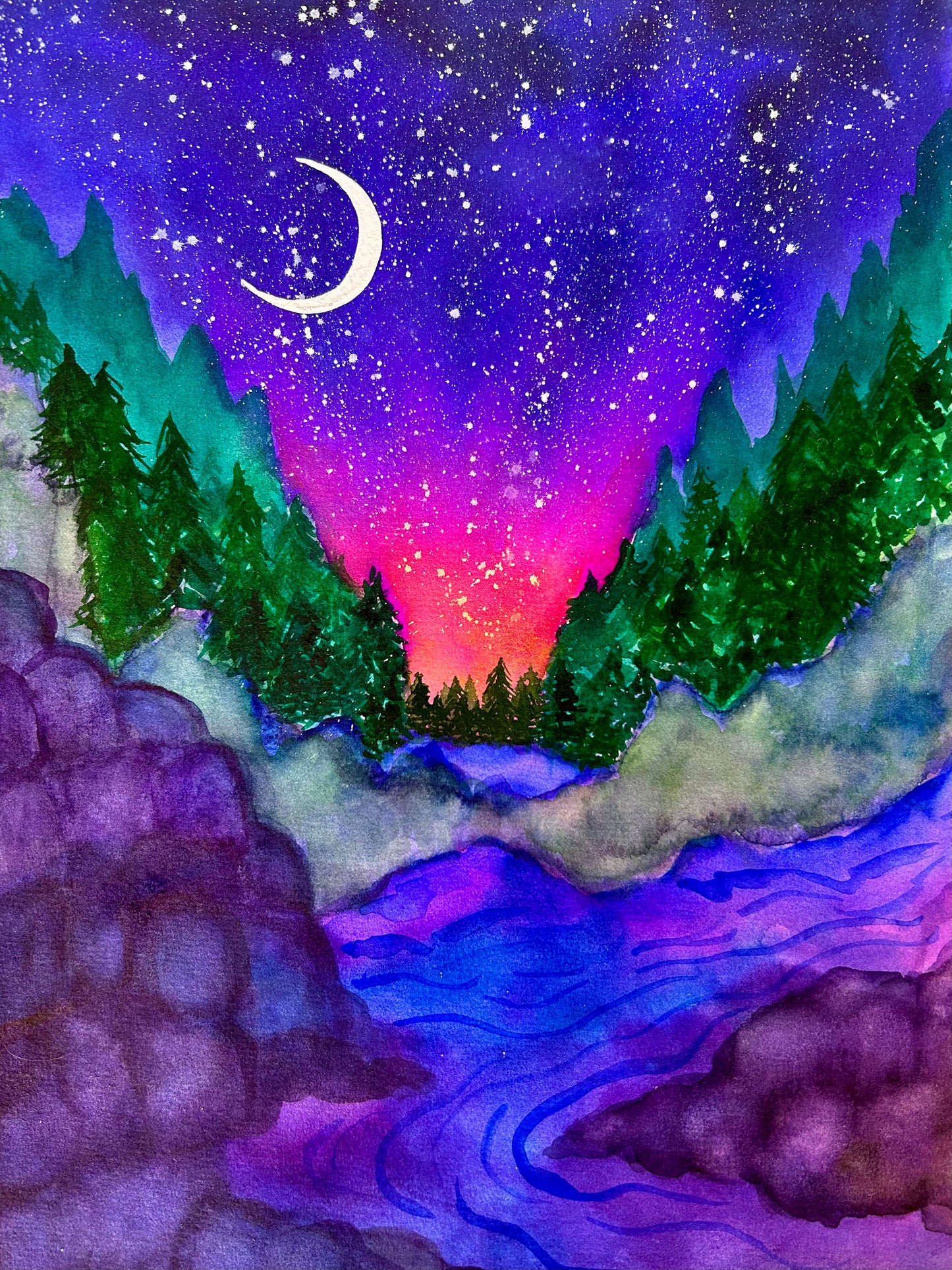 Starry Night in the Forest Watercolor Art Print