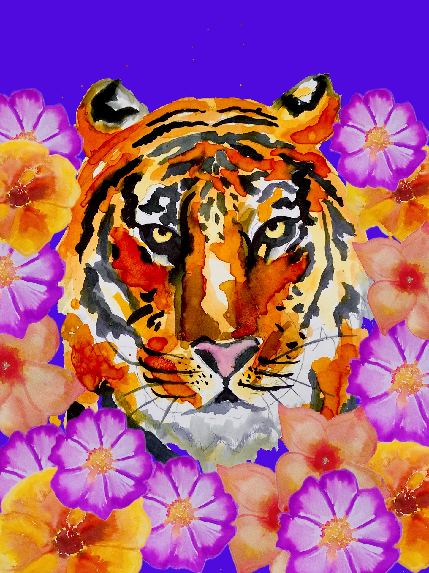 Tiger in the Flowers Watercolor Art Print