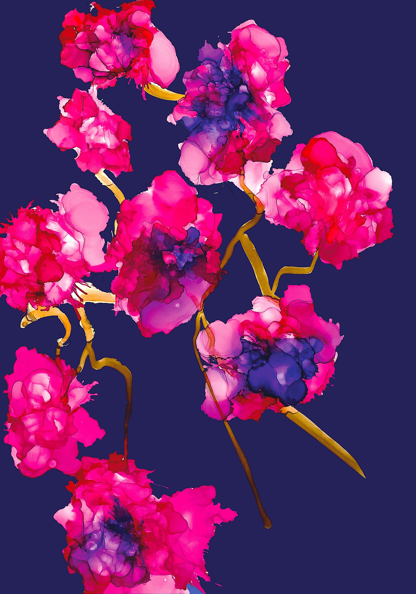 Fuschia and Violet Ink Flowers Art Print on Navy