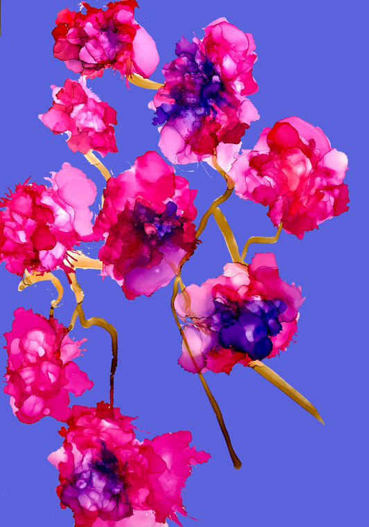 Fuschia and Violet Ink Flowers Art Print on Periwinkle Blue (Copy)